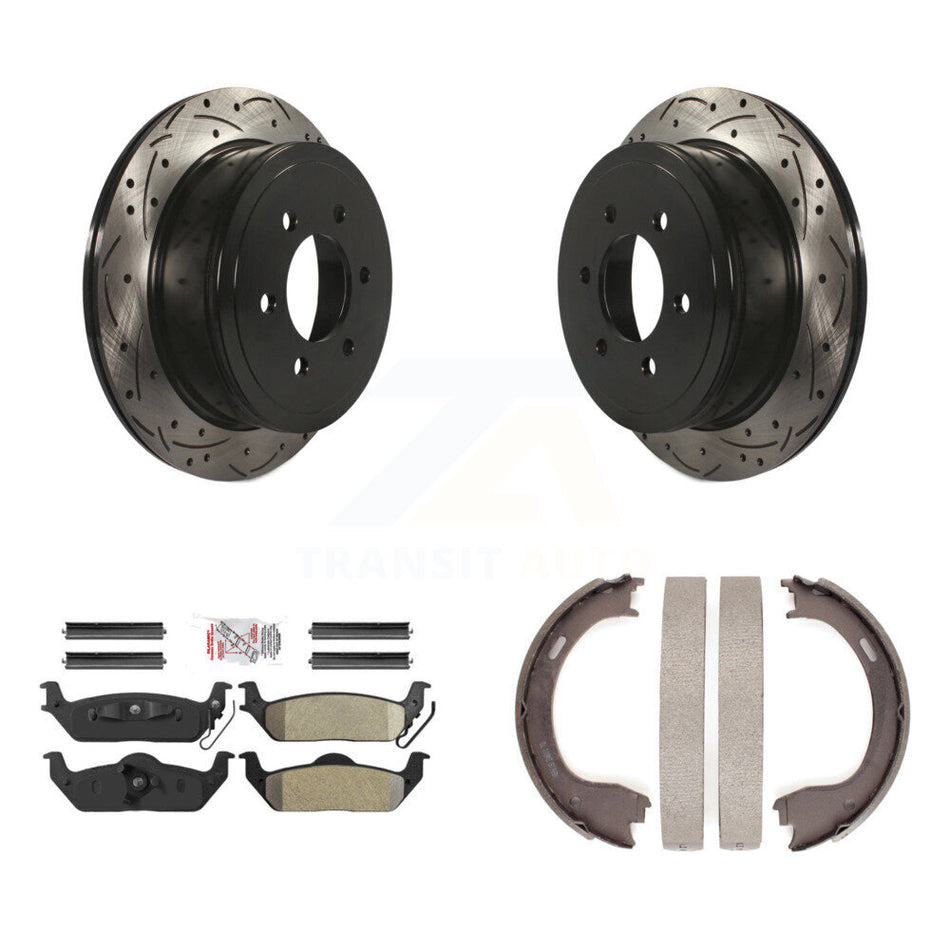 Rear Disc Drilled & Slotted Rotors Semi-Metallic Pads Parking Shoes Kit For Ford F-150 KDA-103423