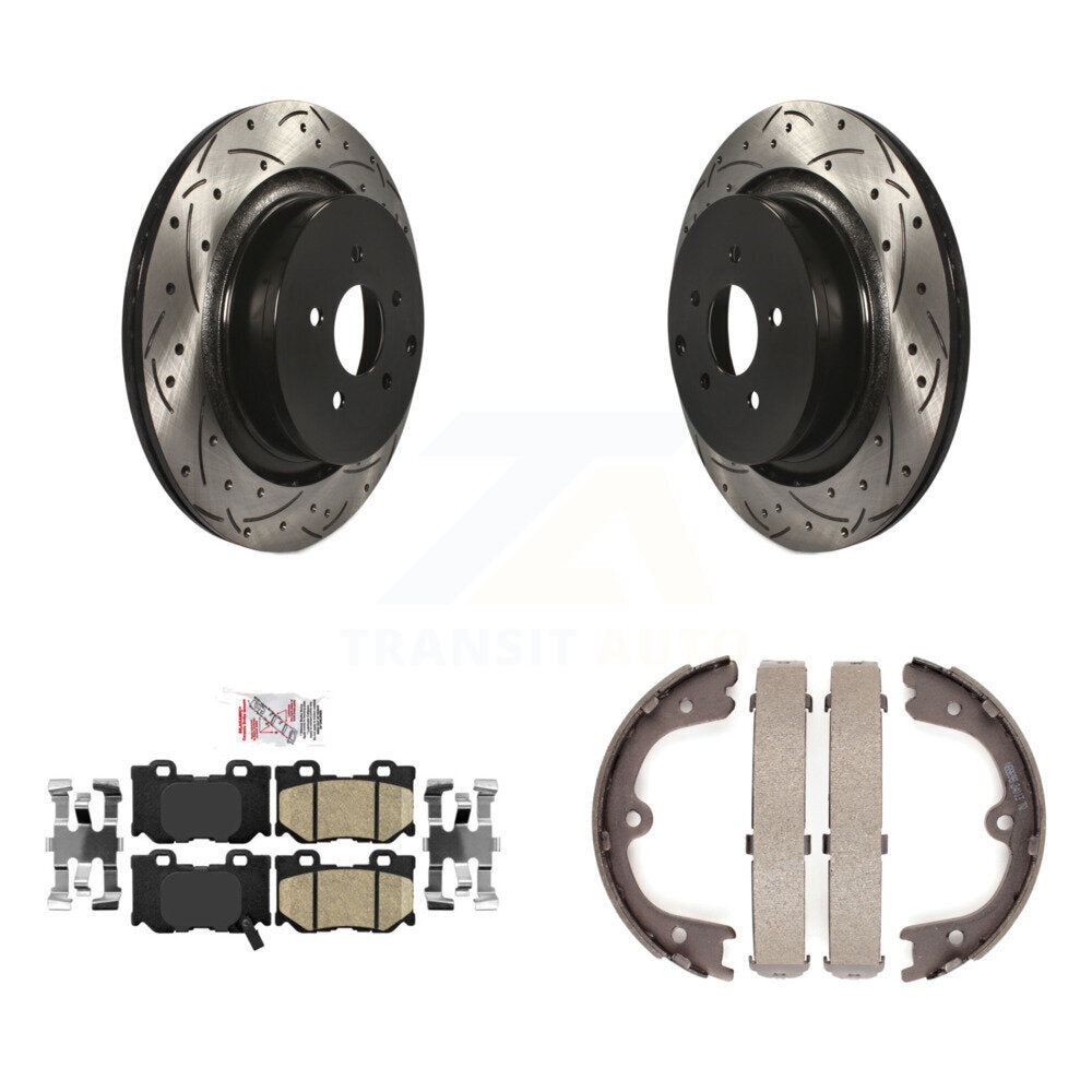 Rear Disc Drilled & Slotted Rotors Ceramic Pads Parking Shoes Kit For INFINITI Q50 M37 KDA-103427