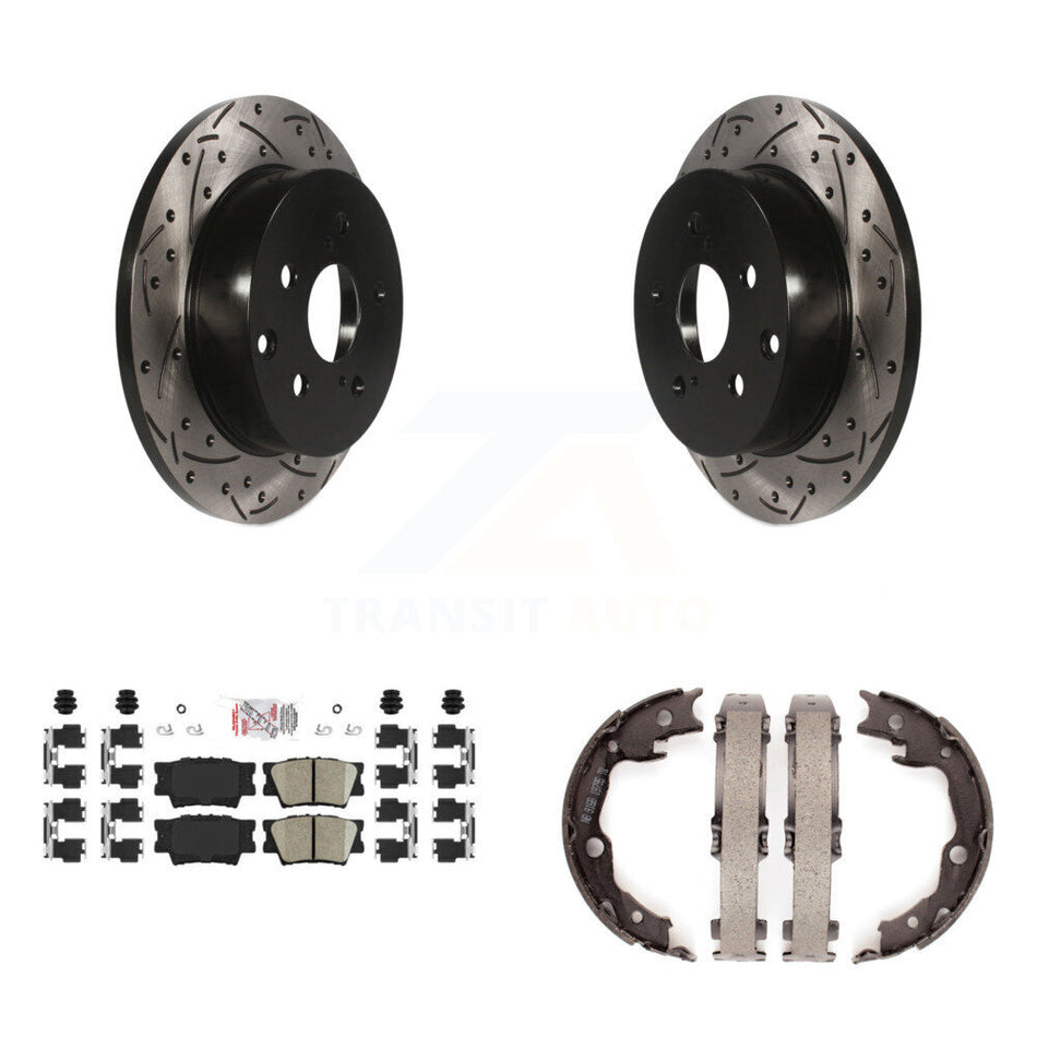 Rear Disc Drilled & Slotted Rotors Ceramic Pads Parking Shoes Kit For Toyota RAV4 Lexus KDA-103439