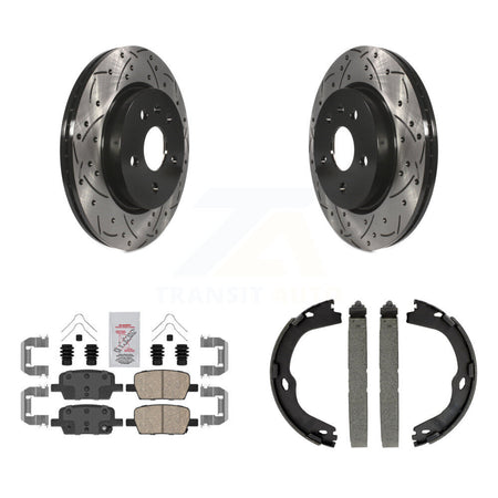 Rear Disc Drilled & Slotted Rotors Ceramic Pads Parking Shoes Kit For Chevrolet Camaro KDA-103443