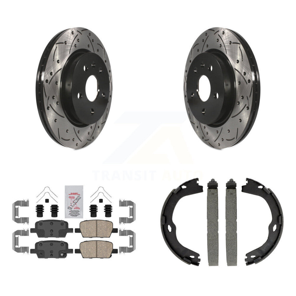 Rear Disc Drilled & Slotted Rotors Ceramic Pads Parking Shoes Kit For Chevrolet Camaro KDA-103443