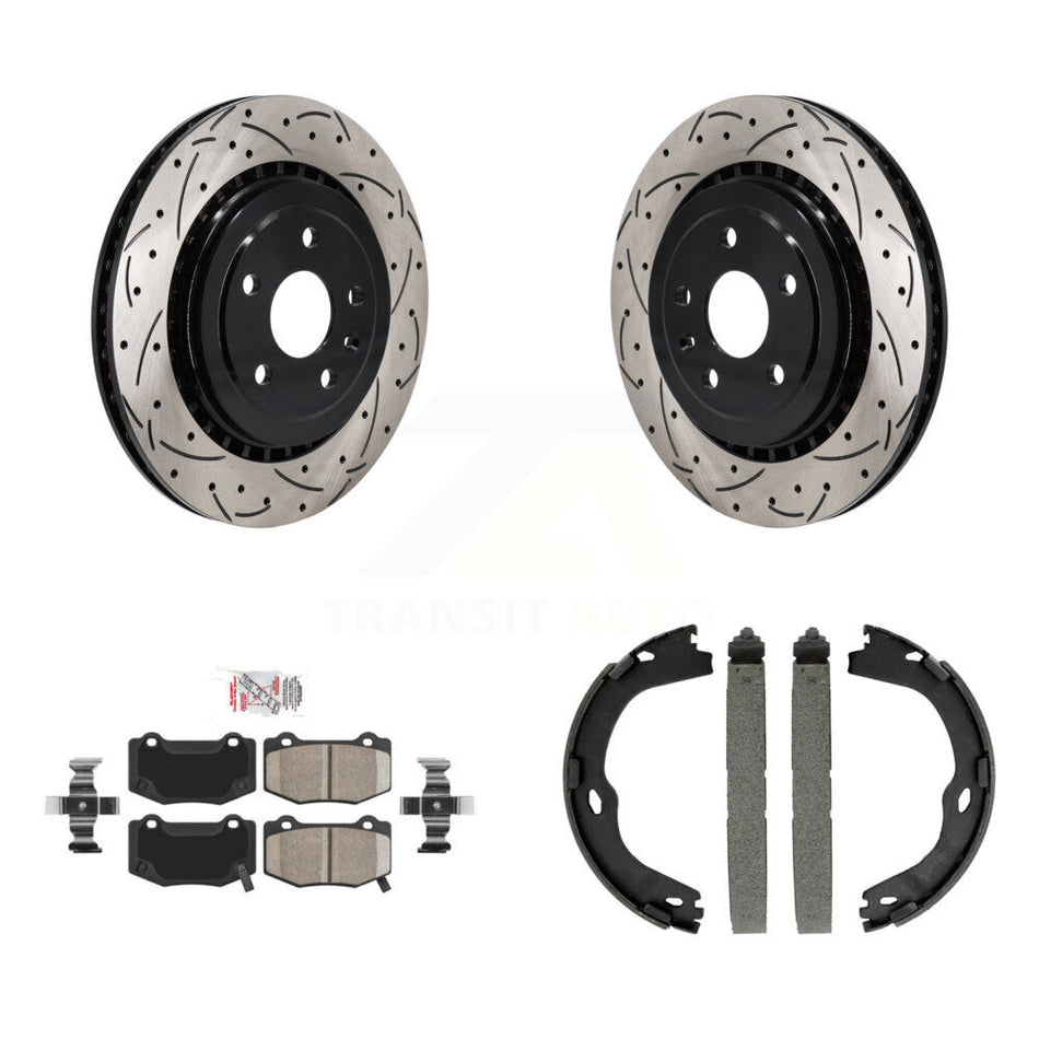 Rear Disc Drilled & Slotted Rotors Ceramic Pads Parking Shoes Kit For Chevrolet Camaro KDA-103445