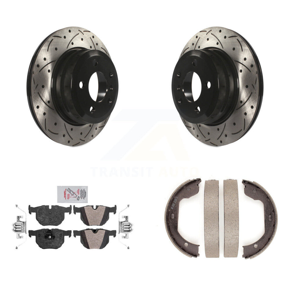 Rear Disc Drilled & Slotted Rotors Semi-Metallic Pads And Parking Shoes Kit For BMW X5 X6 KDA-103446