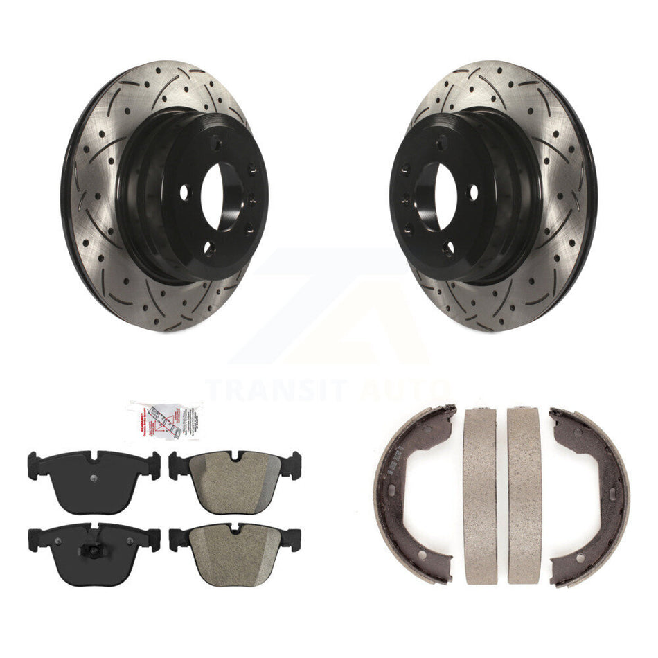 Rear Disc Drilled & Slotted Rotors Semi-Metallic Pads Parking Brake Shoes Kit For BMW X6 KDA-103447