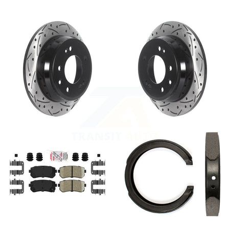 Rear Disc Drilled & Slotted Rotors Ceramic Pads Parking Shoes Kit For Kia Sportage FWD KDA-103450