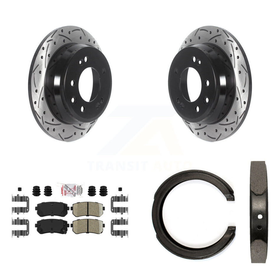 Rear Disc Drilled & Slotted Rotors Ceramic Pads Parking Shoes Kit For Kia Sportage FWD KDA-103450