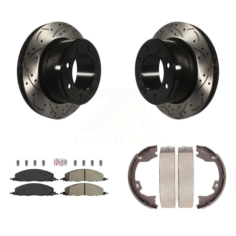 Rear Disc Drilled & Slotted Rotors Semi-Metallic Pads Parking Shoes Kit For Ram 3500 2500 KDA-103460