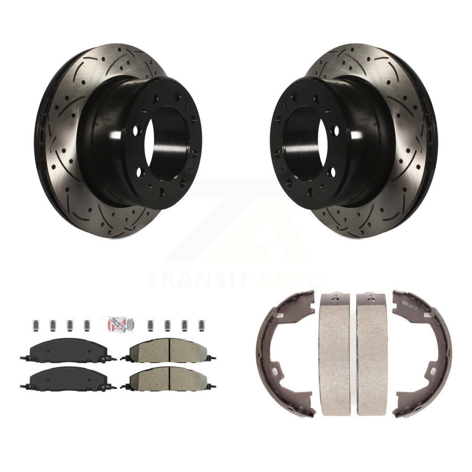 Rear Disc Drilled & Slotted Rotors Semi-Metallic Pads Parking Shoes Kit For Ram 3500 2500 KDA-103460