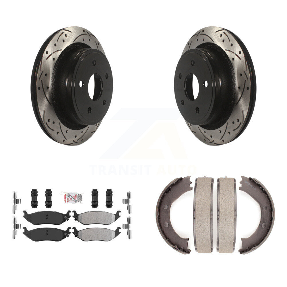 Rear Disc Drilled & Slotted Rotors Semi-Metallic Pads And Parking Shoes Kit For Dodge Ram KDA-103461