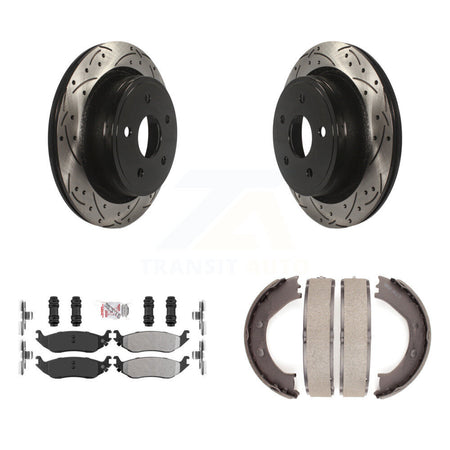 Rear Disc Drilled & Slotted Rotors Semi-Metallic Pads And Parking Shoes Kit For Dodge Ram KDA-103461
