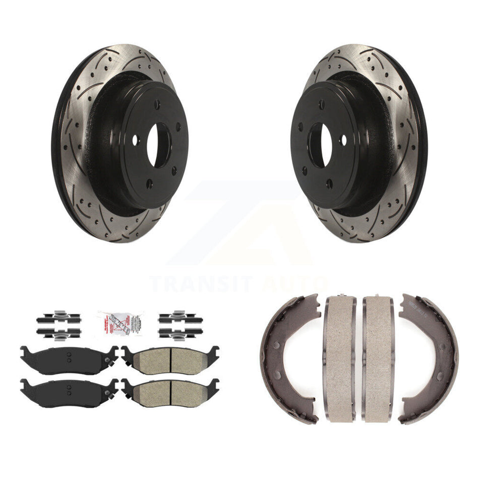 Rear Disc Drilled & Slotted Rotors Semi-Metallic Pads And Parking Shoes Kit For Dodge Ram KDA-103462