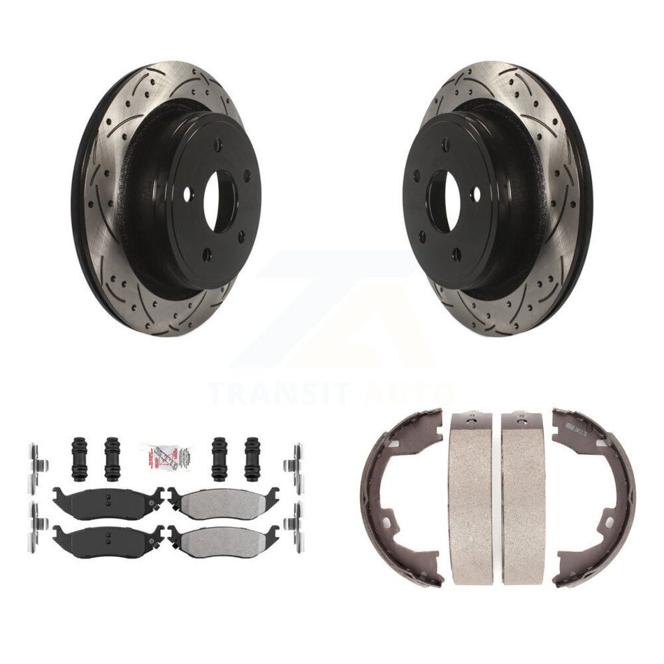 Rear Disc Drilled & Slotted Rotors Semi-Metallic Pads And Parking Brake Shoes Kit For KDA-103463