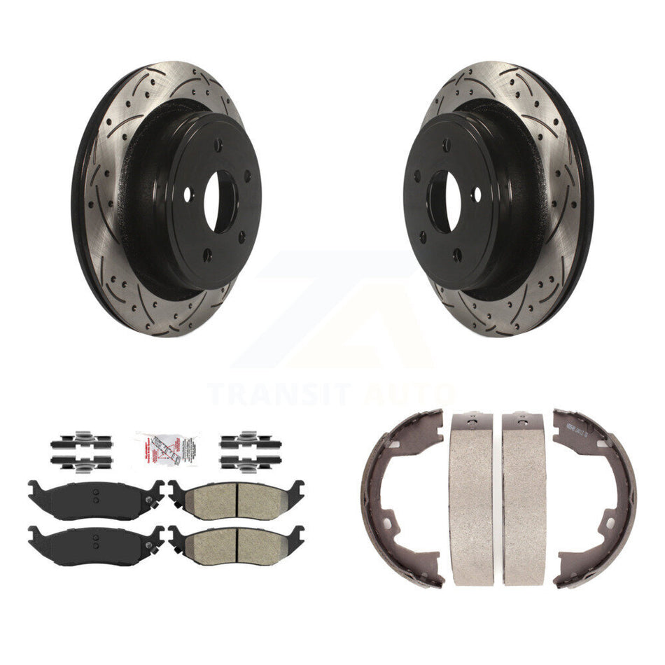 Rear Disc Drilled & Slotted Rotors Semi-Metallic Pads And Parking Brake Shoes Kit For KDA-103464