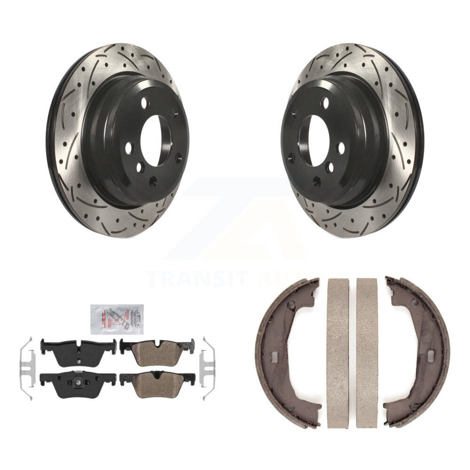 Rear Disc Drilled & Slotted Rotors Semi-Metallic Pads Parking Shoes Kit For BMW 320i 428i KDA-103466