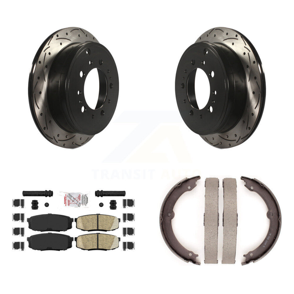 Rear Disc Drilled & Slotted Rotors Ceramic Pads Parking Shoes Kit For Toyota Tundra Lexus KDA-103471