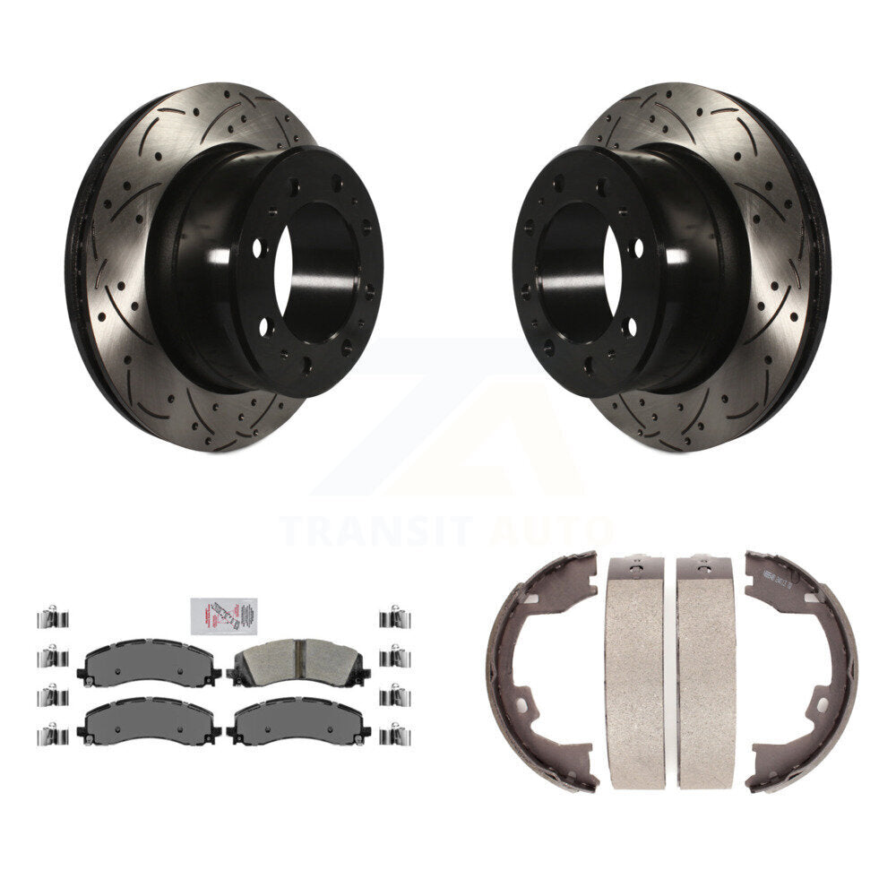 Rear Disc Drilled & Slotted Rotors Semi-Metallic Pads Parking Shoes Kit For Ram 2500 3500 KDA-103472