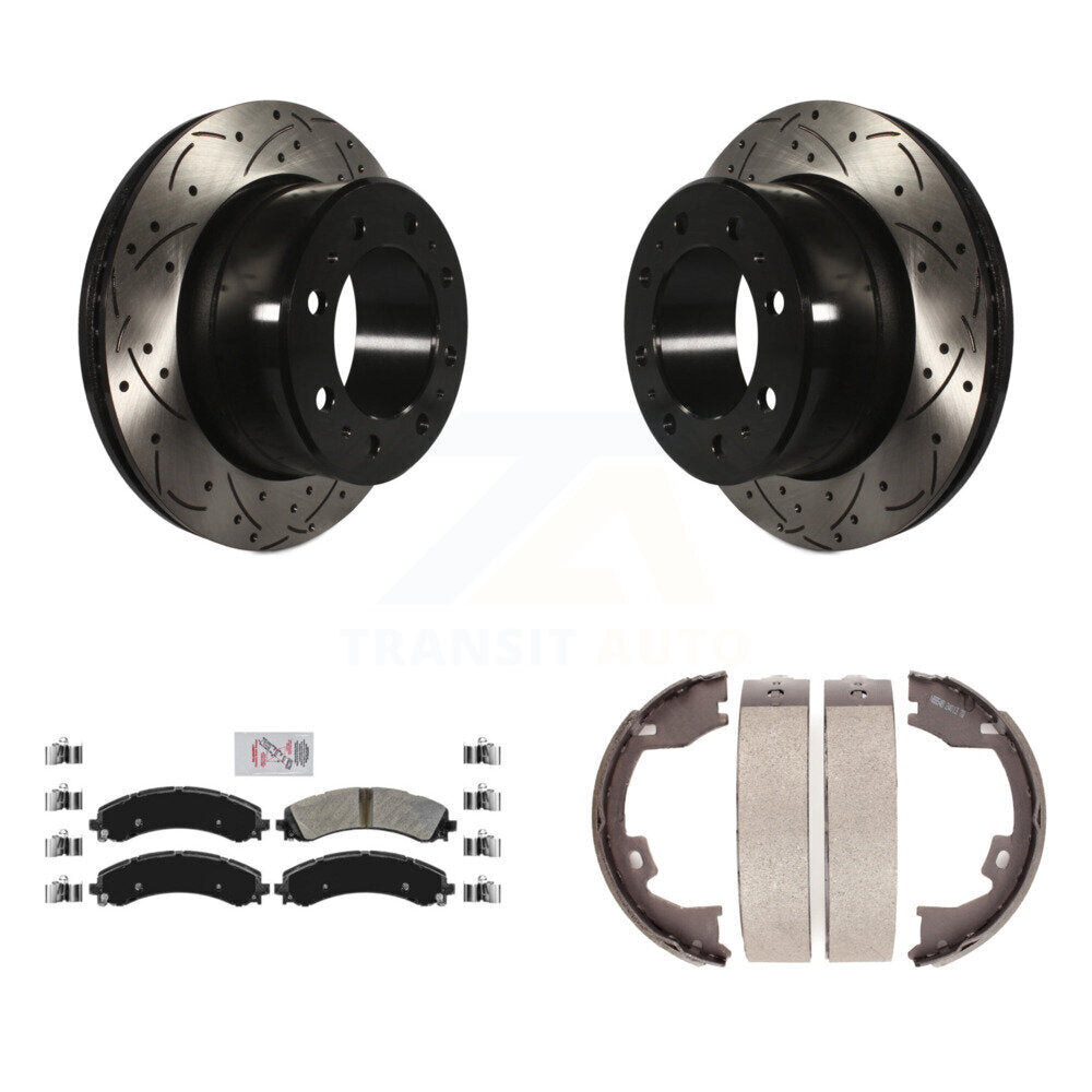 Rear Disc Drilled & Slotted Rotors Semi-Metallic Pads And Parking Shoes Kit For Ram 3500 KDA-103474