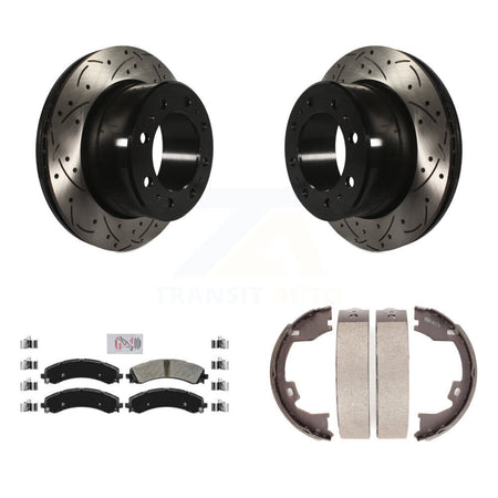 Rear Disc Drilled & Slotted Rotors Semi-Metallic Pads And Parking Shoes Kit For Ram 3500 KDA-103474