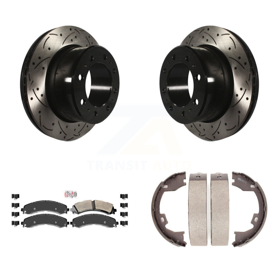 Rear Disc Drilled & Slotted Rotors Semi-Metallic Pads And Parking Shoes Kit For Ram 3500 KDA-103475