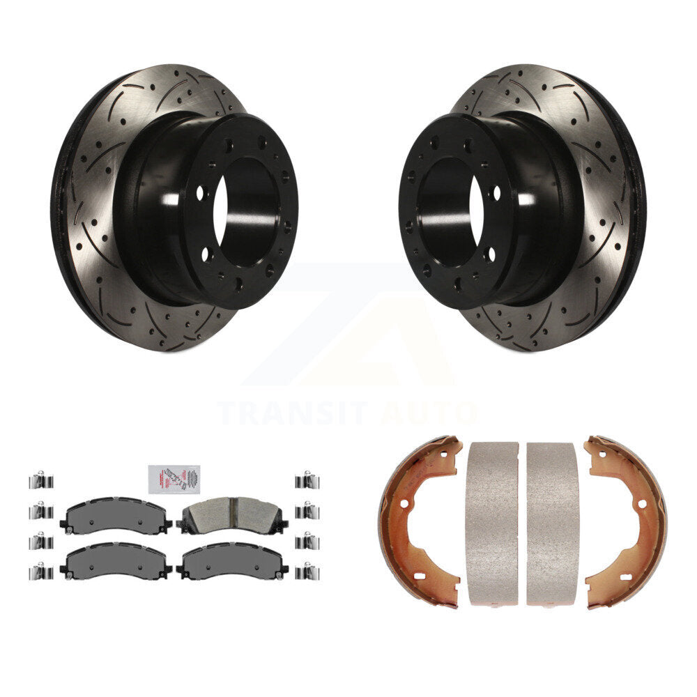 Rear Disc Drilled & Slotted Rotors Semi-Metallic Pads And Parking Shoes Kit For Ram 3500 KDA-103476