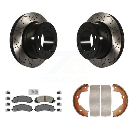 Rear Disc Drilled & Slotted Rotors Semi-Metallic Pads And Parking Shoes Kit For Ram 3500 KDA-103476
