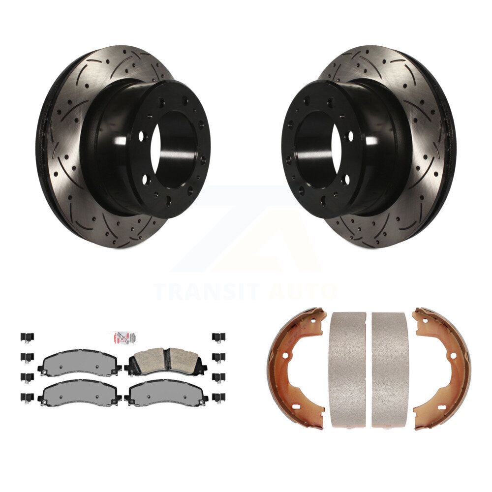 Rear Disc Drilled & Slotted Rotors Semi-Metallic Pads And Parking Shoes Kit For Ram 3500 KDA-103477