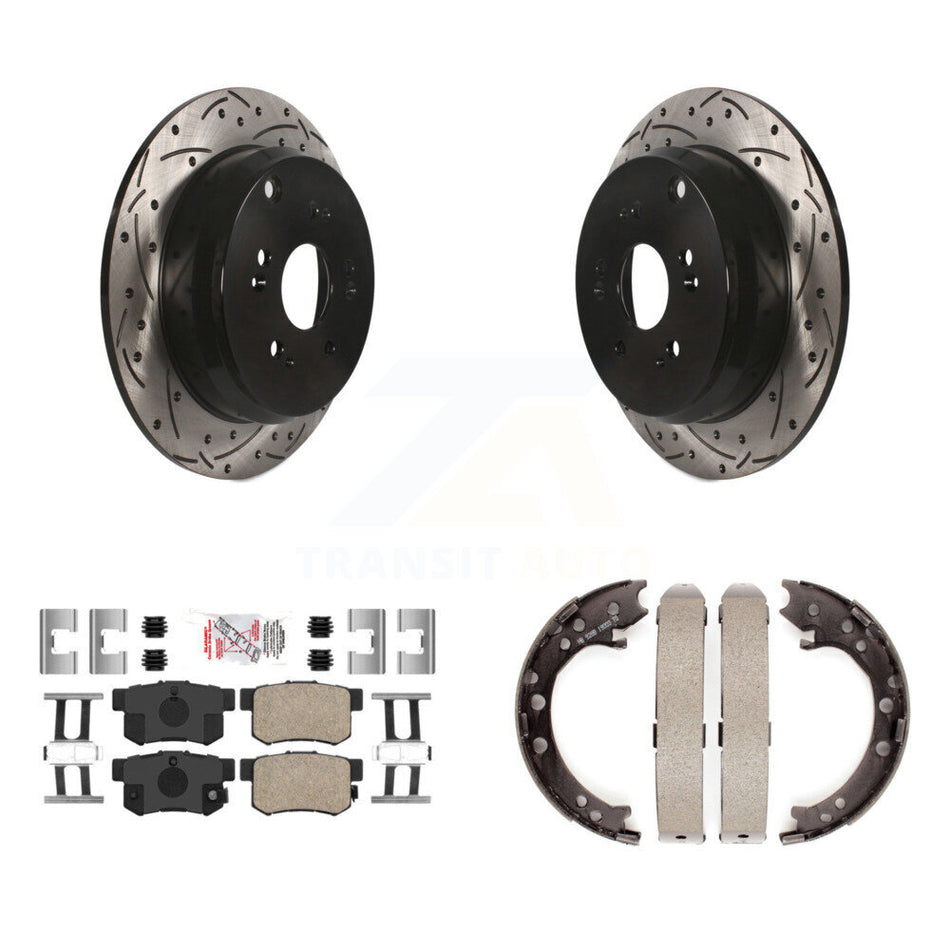 Rear Disc Drilled & Slotted Rotors Ceramic Pads And Parking Brake Shoes Kit For Acura RDX KDA-103484