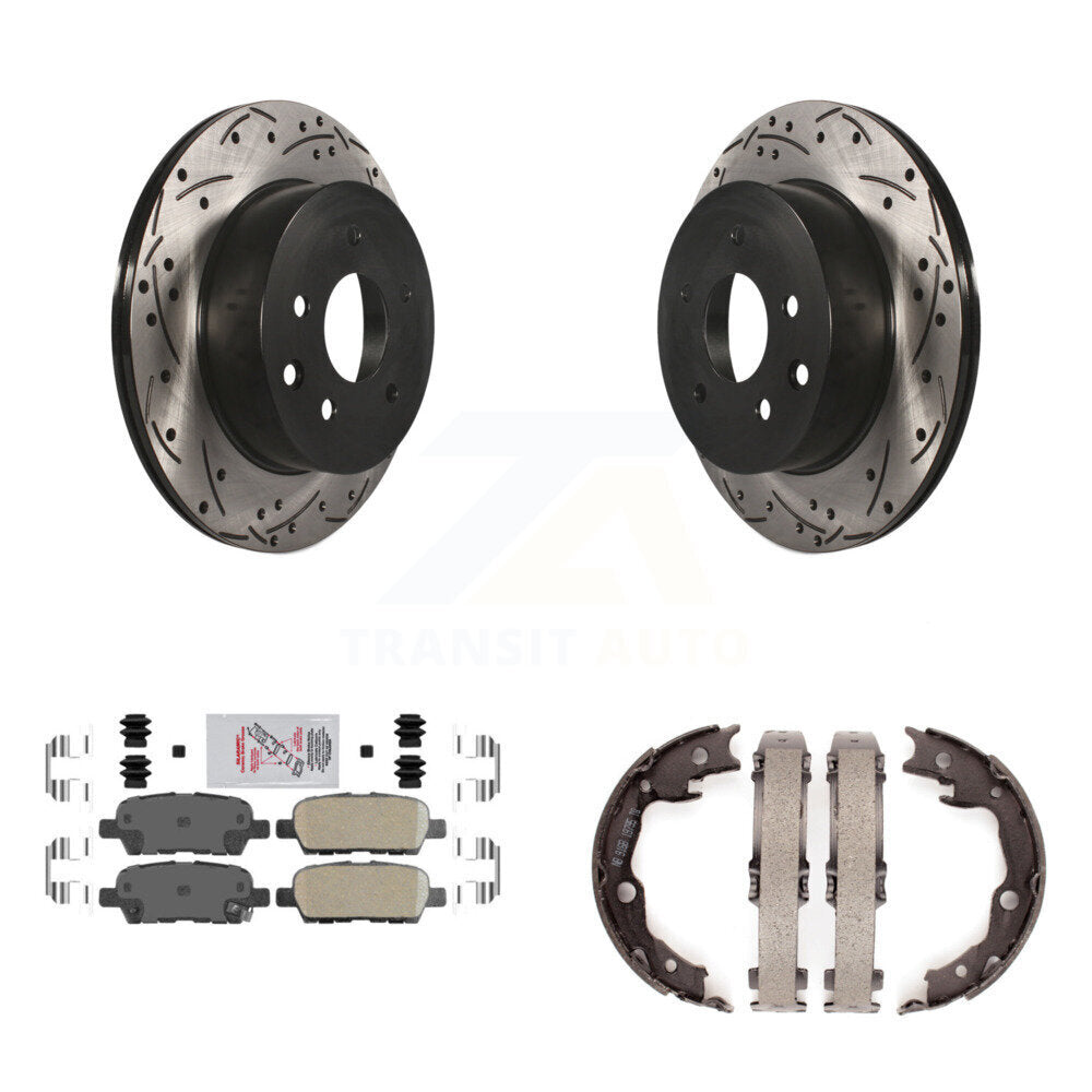 Rear Disc Drilled & Slotted Rotors Ceramic Pads Parking Shoes Kit For Nissan Rogue LEAF KDA-103491