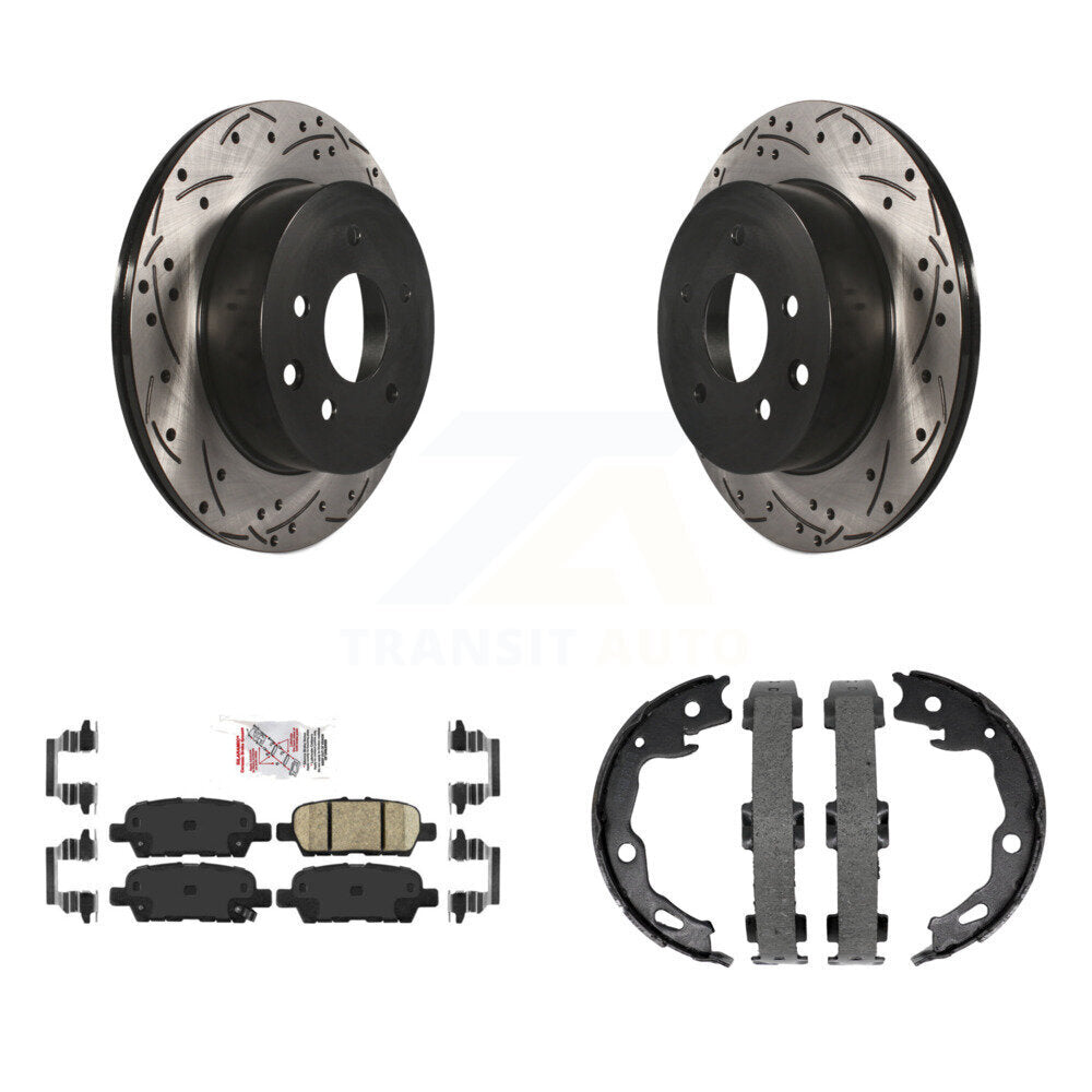 Rear Disc Drilled & Slotted Rotors Ceramic Pads Parking Shoes Kit For Nissan Rogue Sport KDA-103492