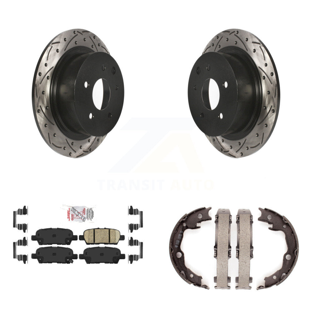 Rear Disc Drilled & Slotted Rotors Ceramic Pads Parking Shoes Kit For Nissan Sentra Juke KDA-103494