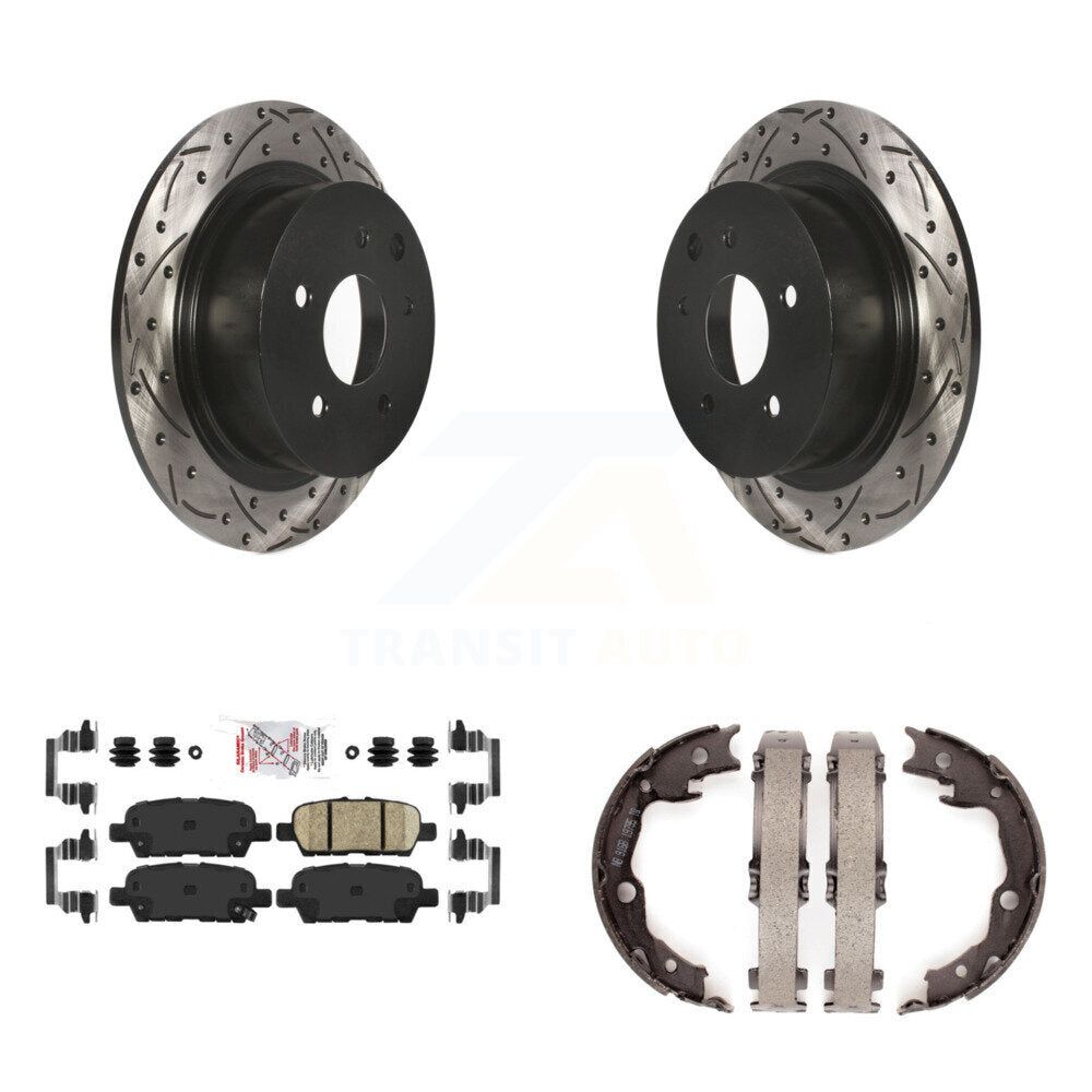 Rear Disc Drilled & Slotted Rotors Ceramic Pads Parking Shoes Kit For Nissan Sentra Juke KDA-103495