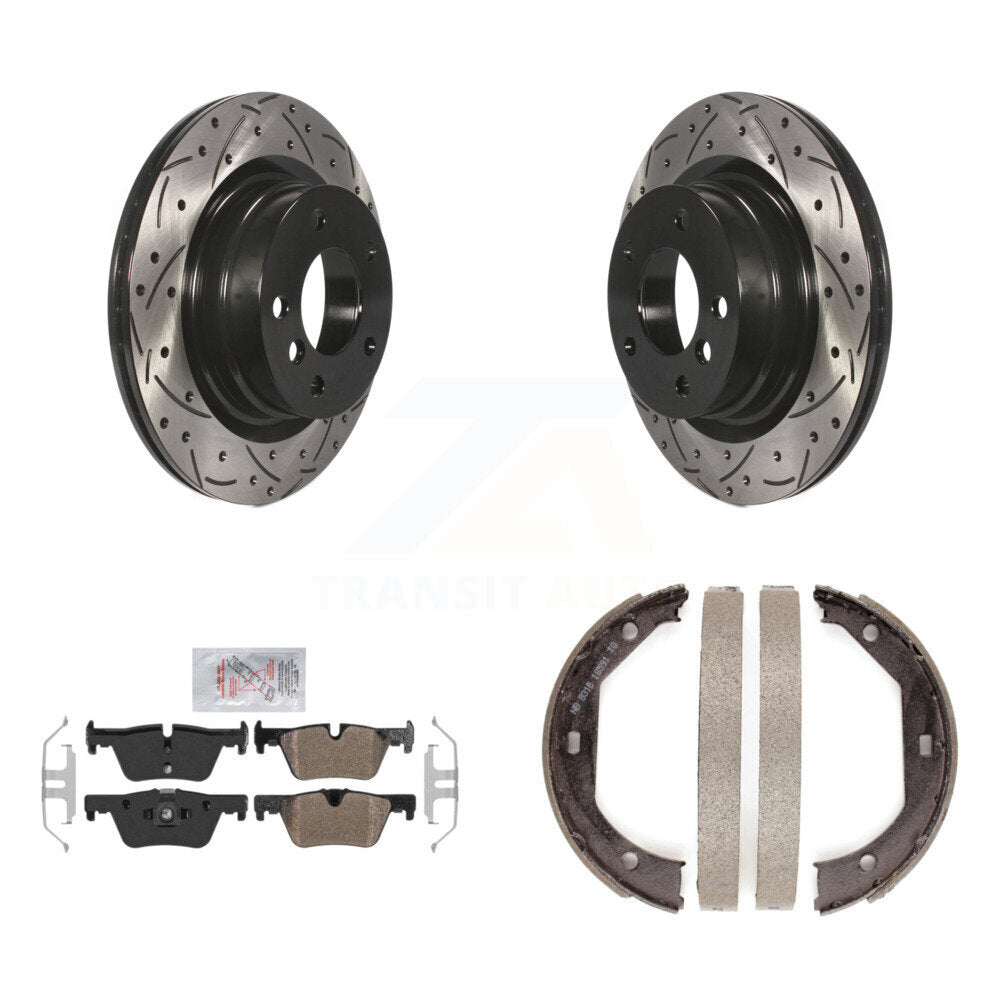 Rear Disc Drilled & Slotted Rotors Semi-Metallic Pads And Parking Shoes Kit For BMW 328i KDA-103499