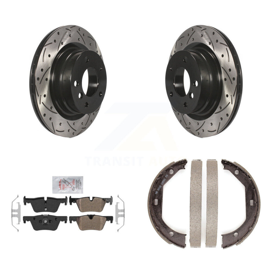 Rear Disc Drilled & Slotted Rotors Semi-Metallic Pads And Parking Shoes Kit For BMW 328i KDA-103499
