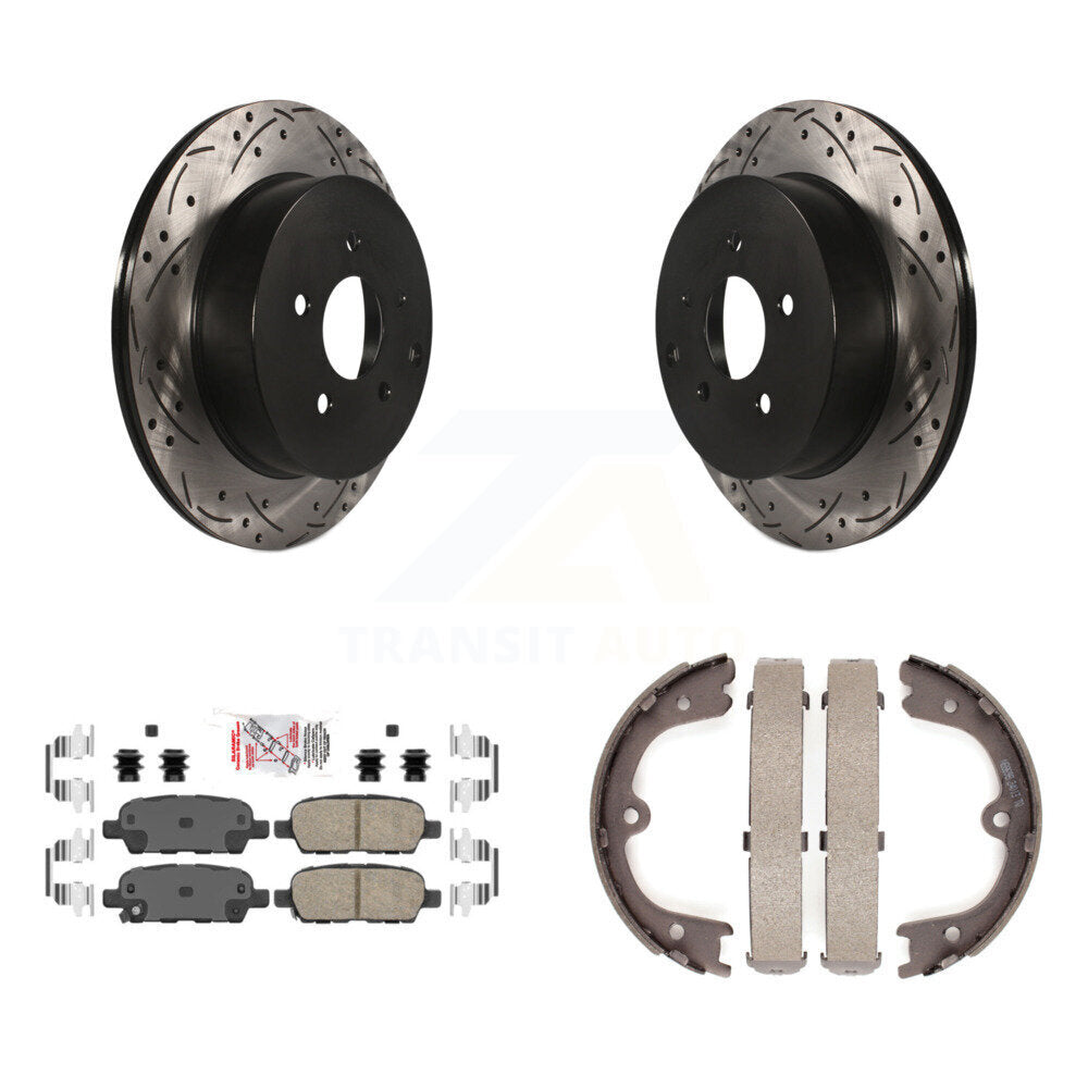 Rear Disc Drilled & Slotted Rotors Ceramic Pads Parking Shoes Kit For 09-12 INFINITI FX35 KDA-103502