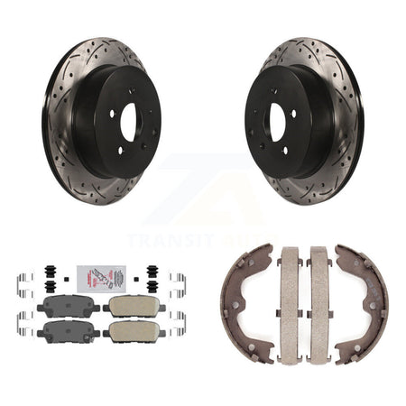 Rear Disc Drilled & Slotted Rotors Ceramic Pads Parking Shoes Kit For INFINITI FX35 FX45 KDA-103505