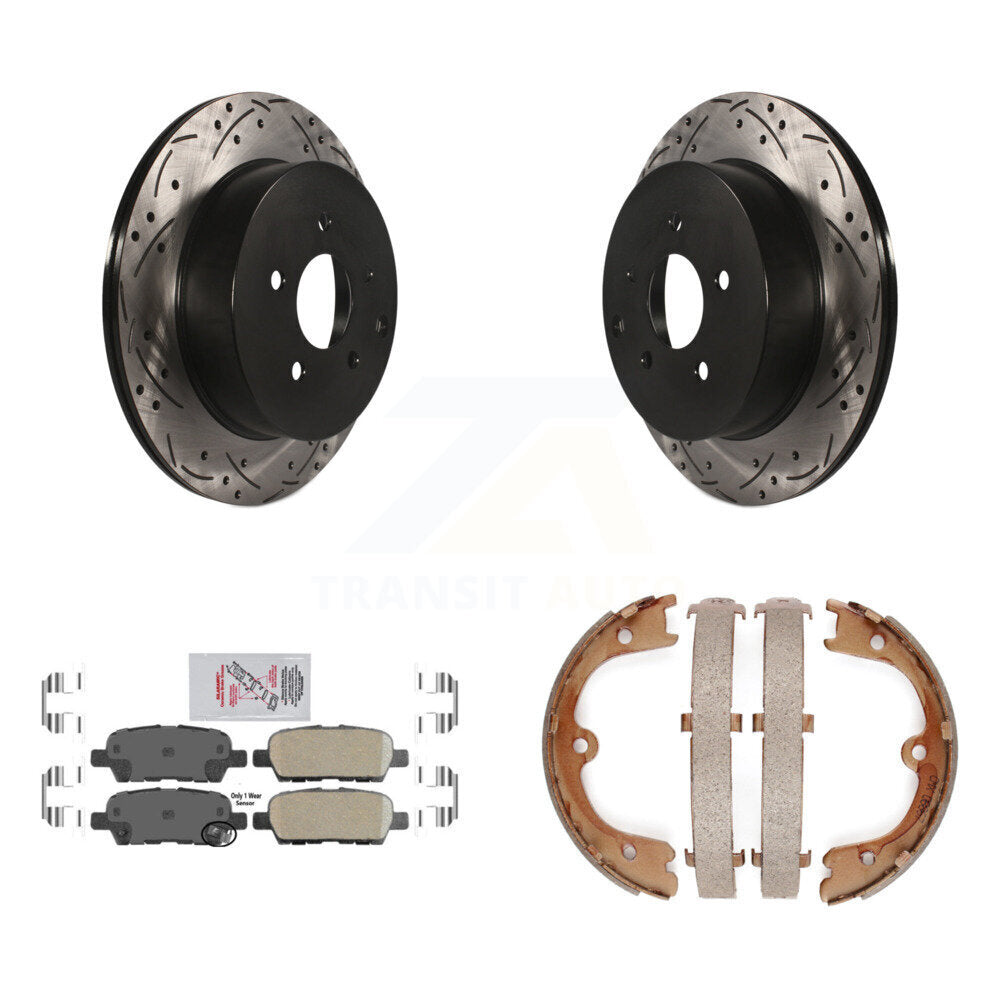 Rear Disc Drilled & Slotted Rotors Ceramic Pads Parking Shoes Kit For INFINITI FX35 Quest KDA-103506