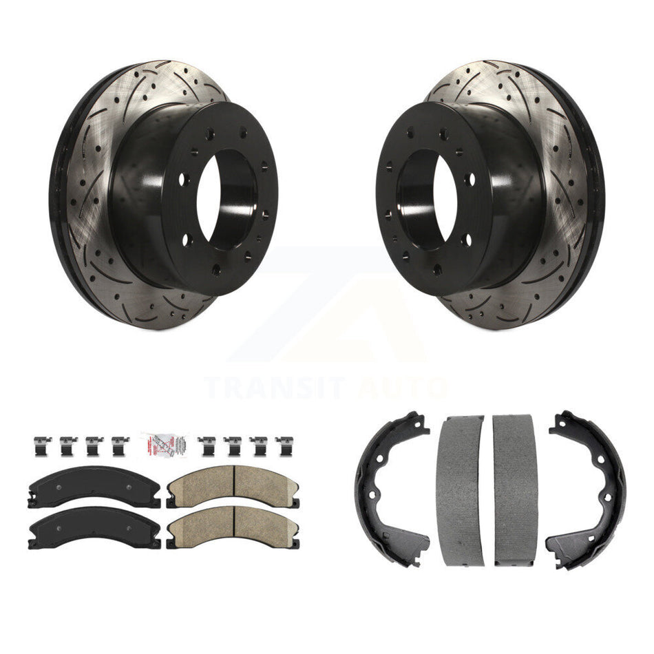 Rear Disc Drilled & Slotted Rotors Ceramic Pads Parking Shoes Kit For GMC Sierra 2500 HD KDA-103512