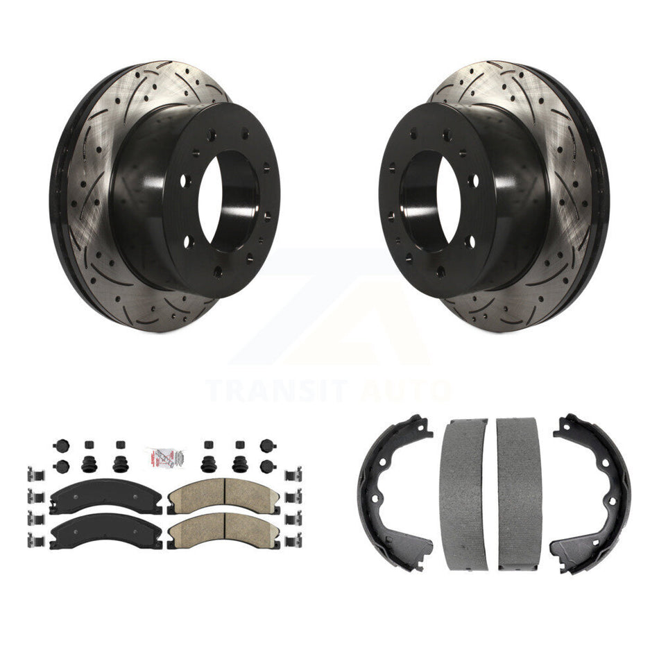 Rear Disc Drilled & Slotted Rotors Ceramic Pads Parking Shoes Kit For GMC Sierra 2500 HD KDA-103513
