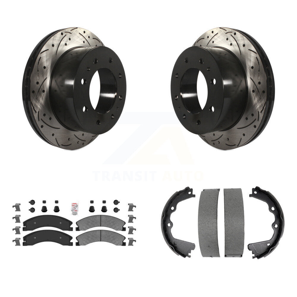 Rear Disc Drilled & Slotted Rotors Semi-Metallic Pads Parking Shoes Kit For GMC Sierra HD KDA-103514
