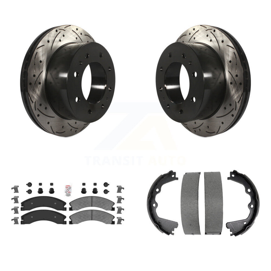 Rear Disc Drilled & Slotted Rotors Semi-Metallic Pads Parking Shoes Kit For GMC Sierra HD KDA-103514