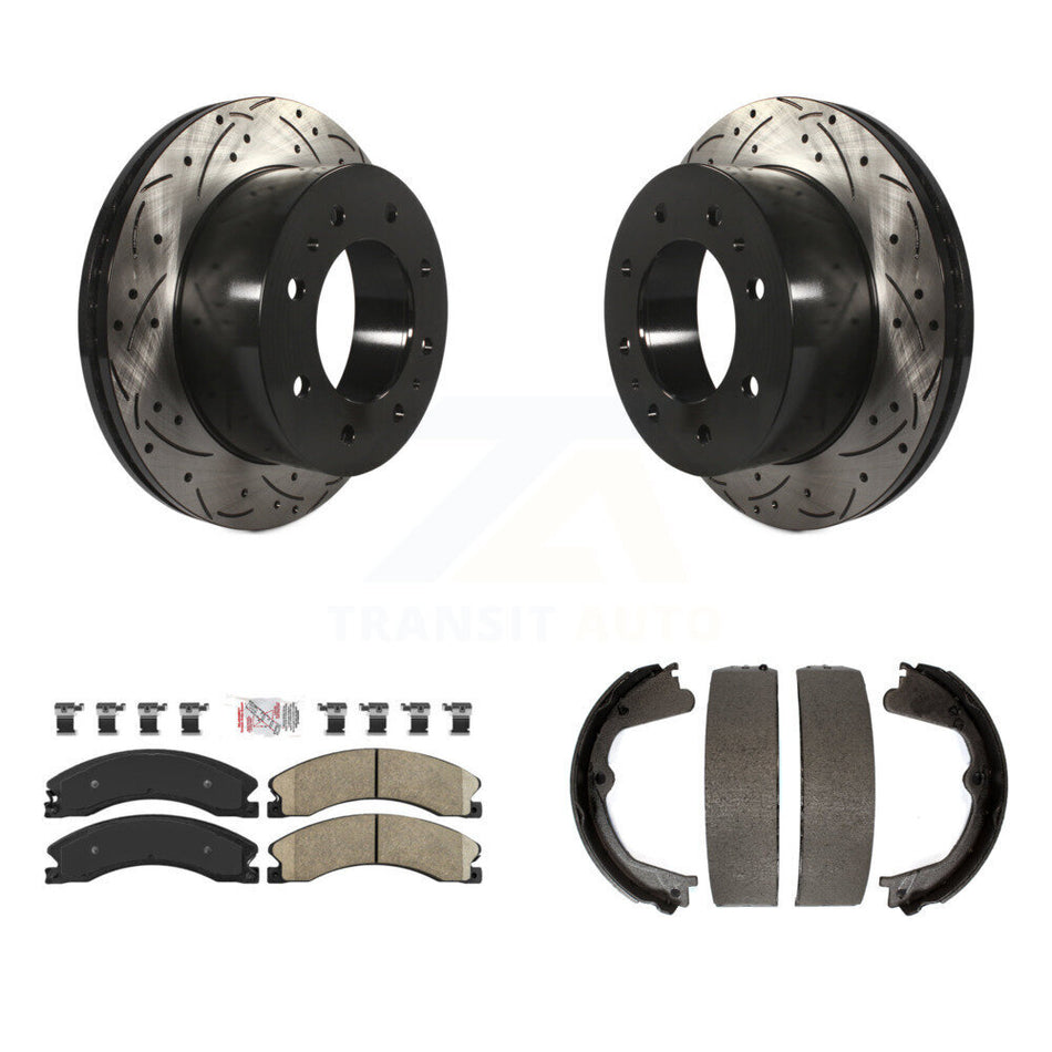 Rear Disc Drilled & Slotted Rotors Ceramic Pads Parking Shoes Kit For Chevrolet Silverado KDA-103515