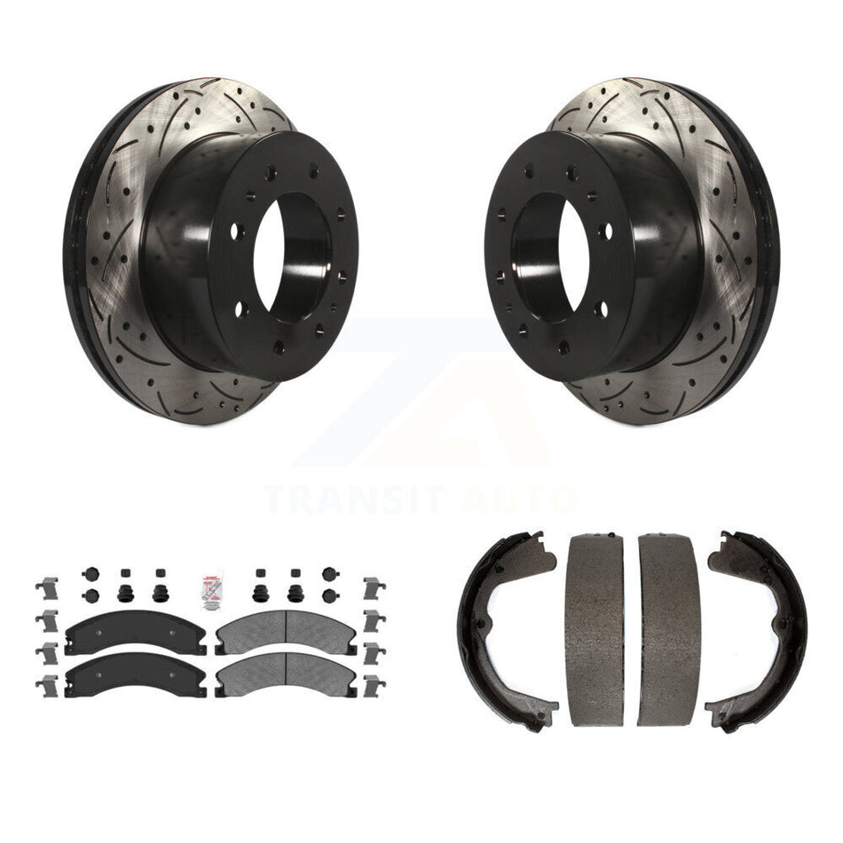 Rear Disc Drilled & Slotted Rotors Semi-Metallic Pads Parking Shoes Kit For Chevrolet HD KDA-103517