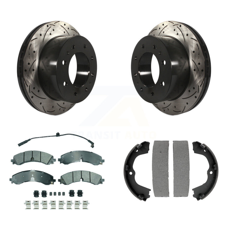 Rear Disc Drilled & Slotted Rotors Semi-Metallic Pads Parking Shoes Kit For GMC Chevrolet KDA-103518