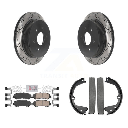 Rear Disc Drilled & Slotted Rotors Ceramic Pads Parking Shoes Kit For 17-23 Nissan TITAN KDA-103520