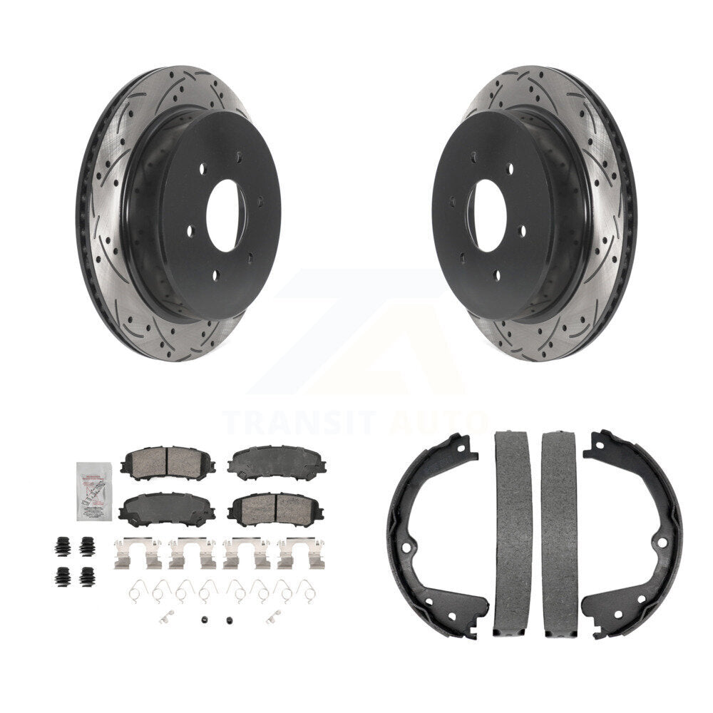 Rear Disc Drilled & Slotted Rotors Ceramic Pads Parking Shoes Kit For 17-23 Nissan TITAN KDA-103521