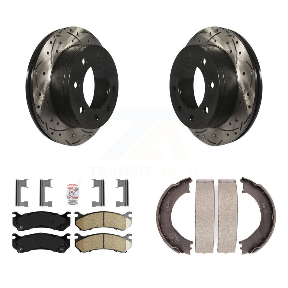 Rear Disc Drilled & Slotted Rotors Ceramic Pads Parking Shoes Kit For Chevrolet Silverado KDA-103522