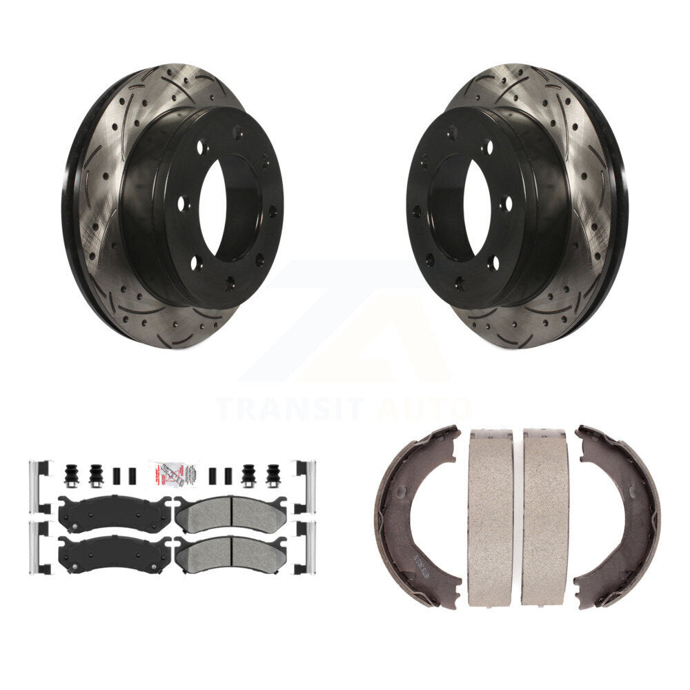 Rear Disc Drilled & Slotted Rotors Semi-Metallic Pads Parking Shoes Kit For Chevrolet HD KDA-103523