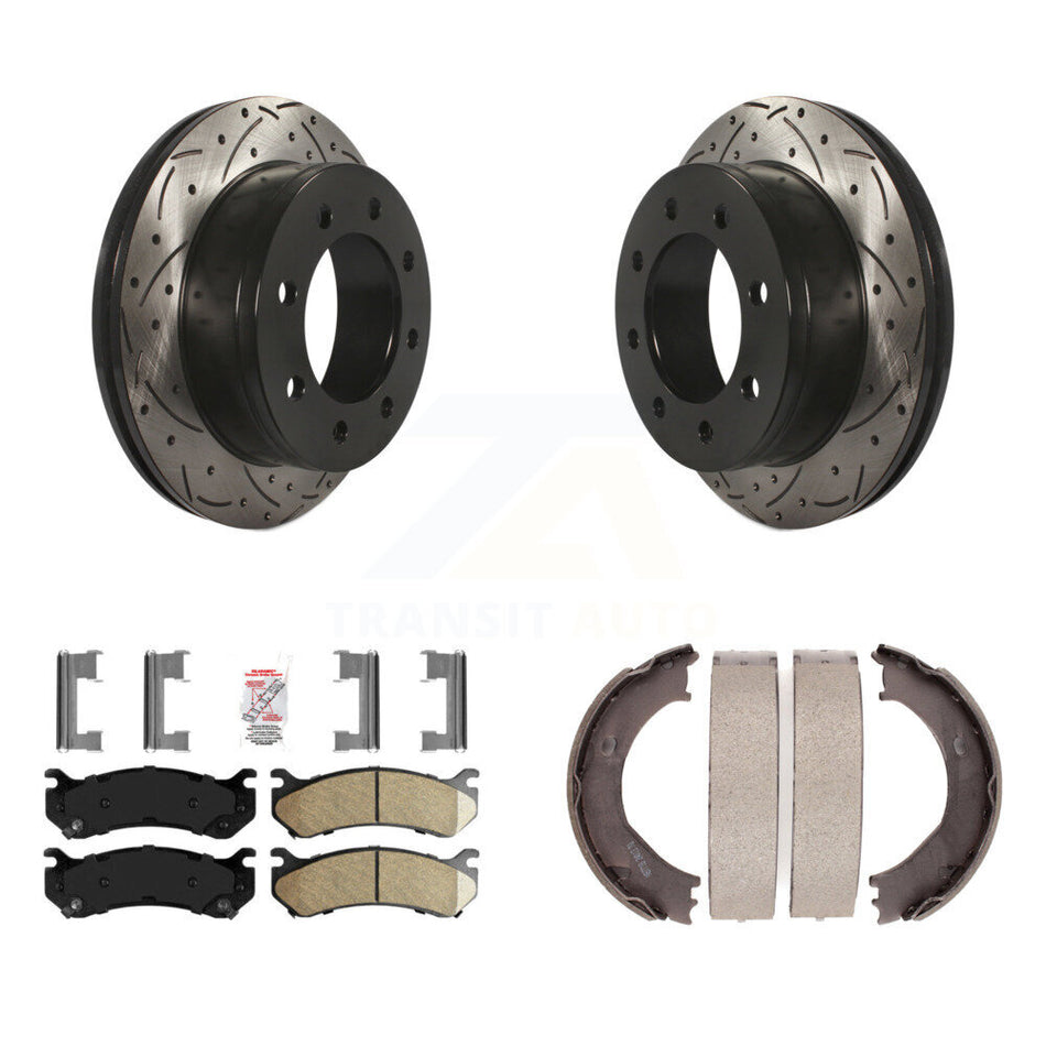 Rear Disc Drilled & Slotted Rotors Ceramic Pads Parking Shoes Kit For Chevrolet GMC 2500 KDA-103524