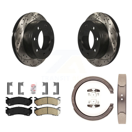 Rear Disc Drilled & Slotted Rotors Ceramic Pads Parking Shoes Kit For GMC Chevrolet 1500 KDA-103526