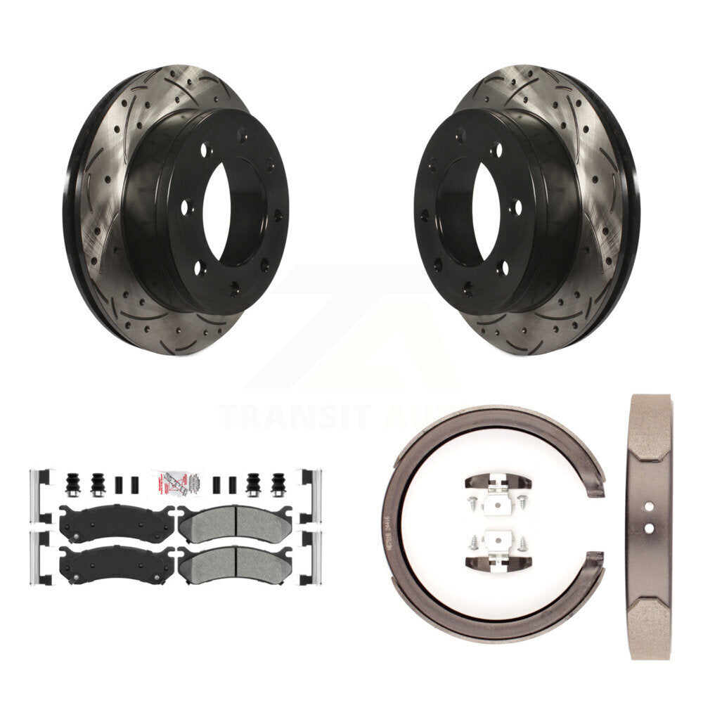 Rear Disc Drilled & Slotted Rotors Semi-Metallic Pads Parking Shoes Kit For GMC Chevrolet KDA-103527